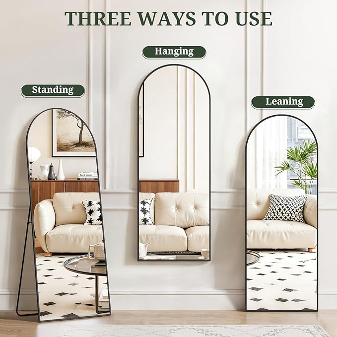 Mirror Full Length 58"x19" Full Body Floor Mirror with Stand, Shatterproof Glass, Aluminum Alloy Frame, Free Standing Wall Mounted or Leaning Arched Mirrors for Bedroom Living Room Entryway
