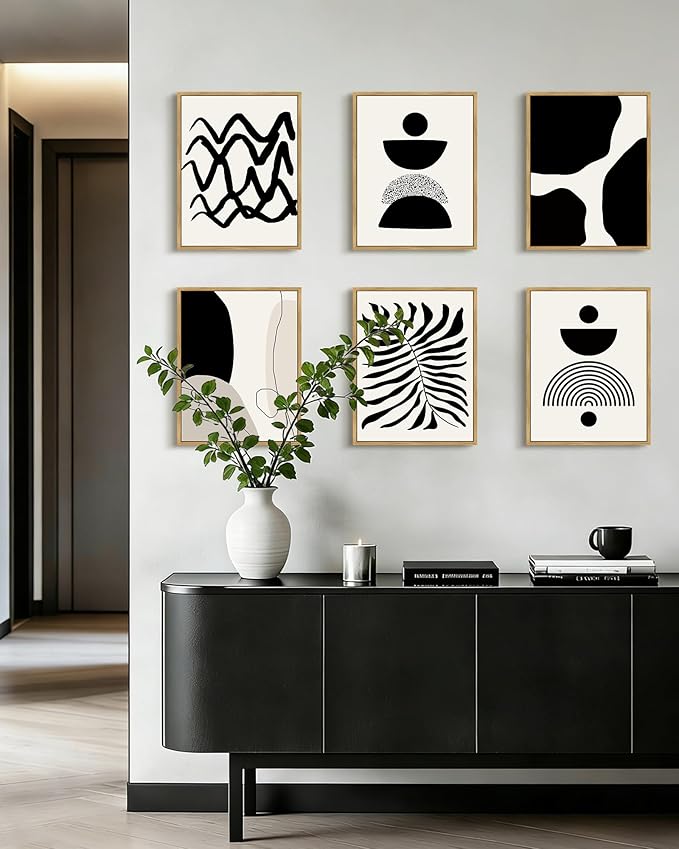 Drsoum Abstract Boho Wall Art Minimalist Geometric Framed Boho Room Decor Black Line Art Mid Century Modern Prints Bohemian Living Room Bedroom Ready to Hang 11x14inx6pcs (Natural Framed)
