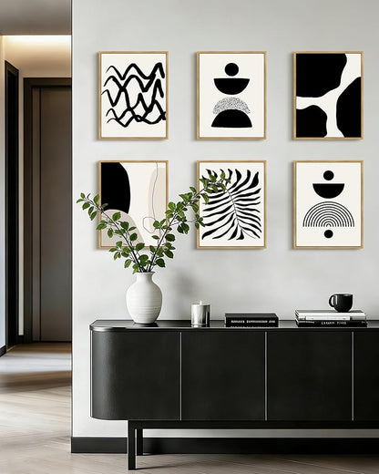 Drsoum Abstract Boho Wall Art Minimalist Geometric Framed Boho Room Decor Black Line Art Mid Century Modern Prints Bohemian Living Room Bedroom Ready to Hang 11x14inx6pcs (Natural Framed)