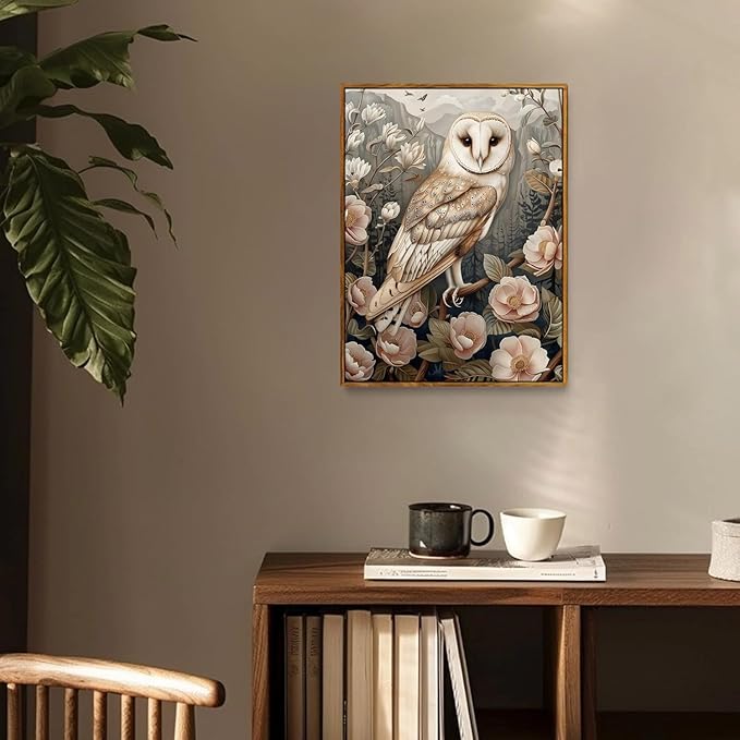 Djmwtb Framed Wall Art Vintage Wall Decor Owl Canvas Art Wildlife Pictures Floral Paintings Forest Prints Nature Artwork for Bedroom Living Room