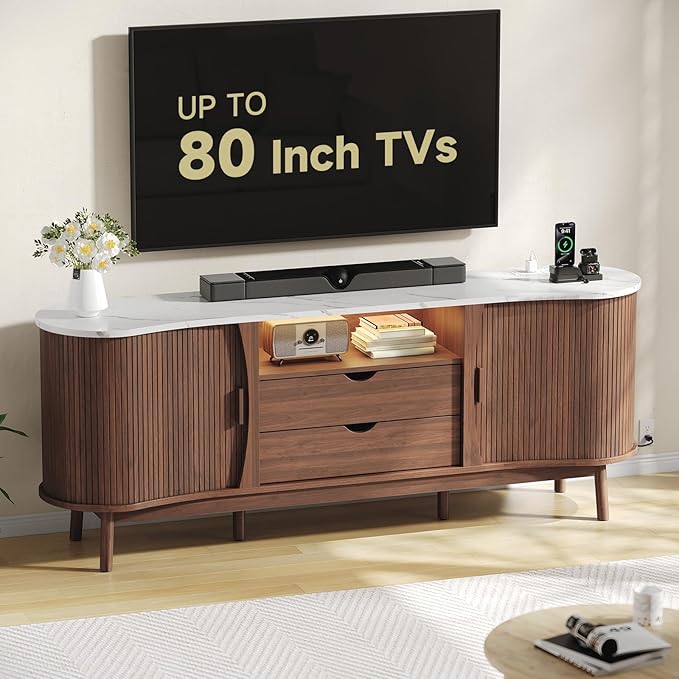 ONBRILL 70 Inch Fluted TV Stand for TVs up to 80 Inch, Curved Entertainment Center with LED Light, Power Outlet, Storage, Mid Century Modern Media TV Console Table for Living Room, Bedroom, Walnut