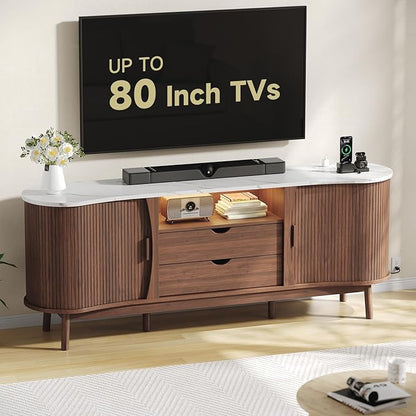 ONBRILL 70 Inch Fluted TV Stand for TVs up to 80 Inch, Curved Entertainment Center with LED Light, Power Outlet, Storage, Mid Century Modern Media TV Console Table for Living Room, Bedroom, Walnut