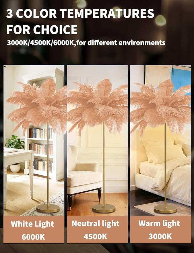 Feather Floor Lamp,Fluffy Ostrich Feather Floor Lamp for Bedroom,3 Color Temperatures Led Corner Modern Floor Lamps for Living Room Christmas Home Decor House Warming Gifts,63″ Height (Champagne)