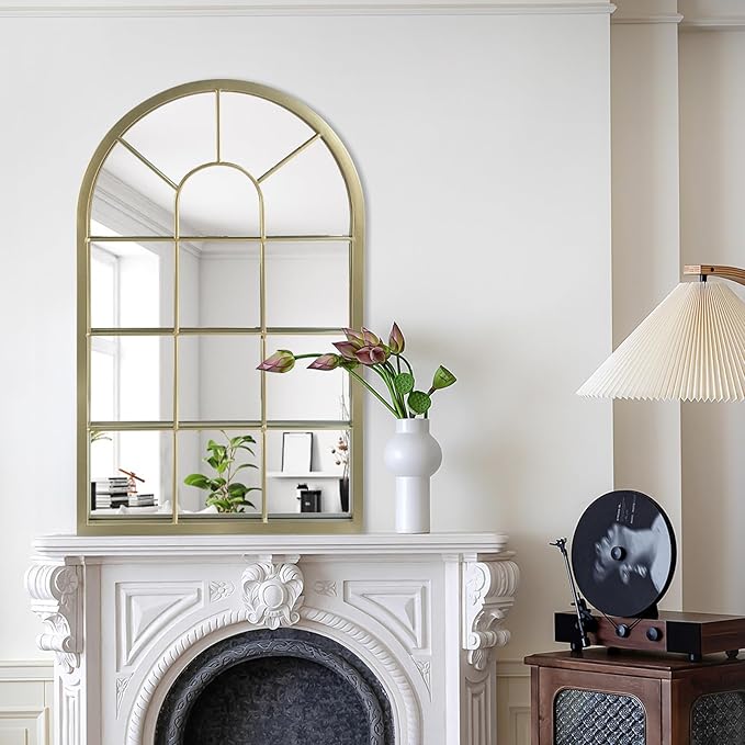 HQiJun Wall Mirror Window Decorative Mirrors Arched Farmhouse for Living Room Bedroom Entryway Bathroom Vanity(Gold,31.5” x 20” x 1”)