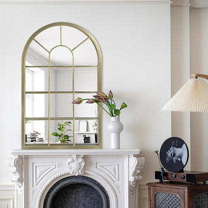 HQiJun Wall Mirror Window Decorative Mirrors Arched Farmhouse for Living Room Bedroom Entryway Bathroom Vanity(Gold,31.5” x 20” x 1”)