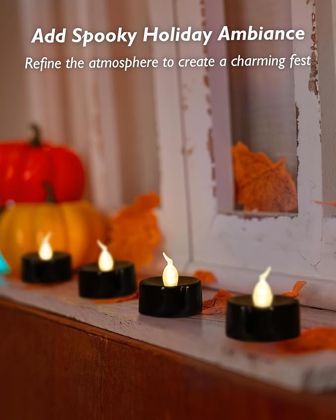 merrynights Black Candles, 12 Pack Tea Lights Candles Battery Operated, LED Tealight Candle, Flameless Votive Candle for Fall Holiday Decor, Theme Party -1.4" D X 1.3" H