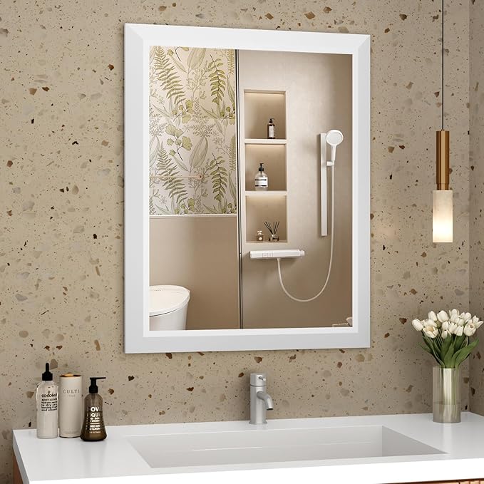 SMIROR Matte White Bathroom Mirror for Over Sink, 24”x 32” Metal Thick Framed Rectangle Vanity Mirror for Wall, Right Angle Corner, Anti-Rust, Horizontally or Vertically Mounted