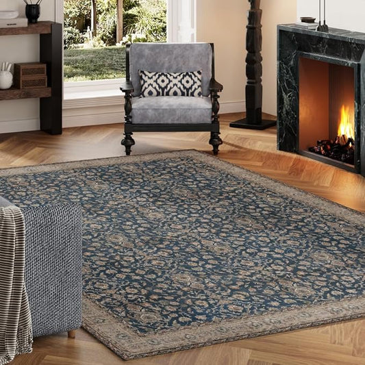 4x6 Area Rugs Dark Green Washable Rug for Living Room, Dining Room, Bedroom, Large Carpets, Non Slip & Non-Shedding Low Pile Vintage Print Rug for Home Office Decor