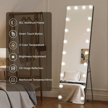 Kosmonia 62x20 Hollywood Full Length Mirror with Light, 20 Dimmable Bulbs & 3 Color Smart Touch Control, Distortion Free, Tempered Glass, Safe Full Body Mirrors with Stand