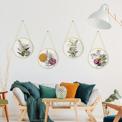 Qunclay 4 Pcs Double Glass Frame for Pressed Flowers Round Hanging Herbarium Floating Flower Press Frame Clear DIY Vintage Artwork Display holder(5 Inch,Gold)