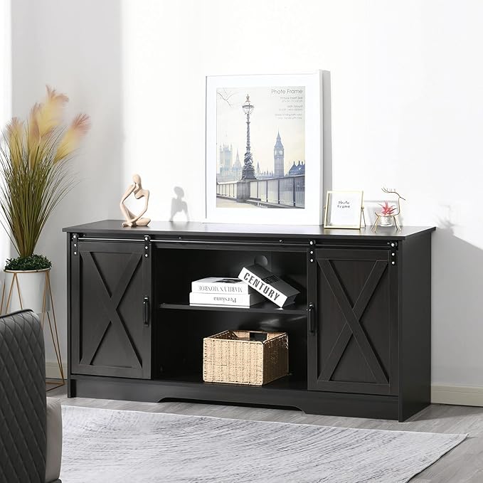 4 EVER WINNER 59" Farmhouse TV Stand, TV Entertainment Center with Sliding Barn Door & Adjustable Shelf for 65" TV, TV Stand for Living Room, Bedroom, Dark Brown