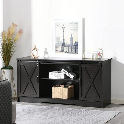 4 EVER WINNER 59" Farmhouse TV Stand, TV Entertainment Center with Sliding Barn Door & Adjustable Shelf for 65" TV, TV Stand for Living Room, Bedroom, Dark Brown