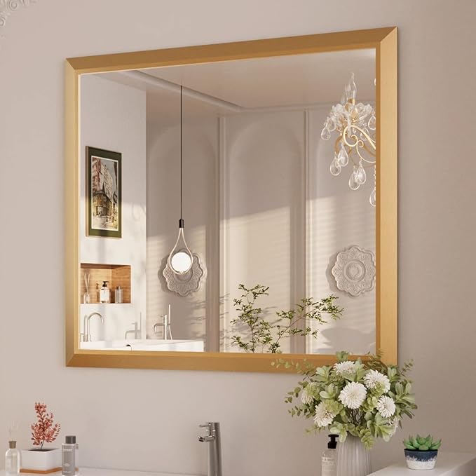 Amorho Bathroom Mirror, 40x36 Inch Golden Thick Metal Framed Wall Mirrors for Over Sink, Wall-Mounted Mirrors Perfect for Bedroom, Living Room, Entryway, Rectangle (Horizontal/Vertical).