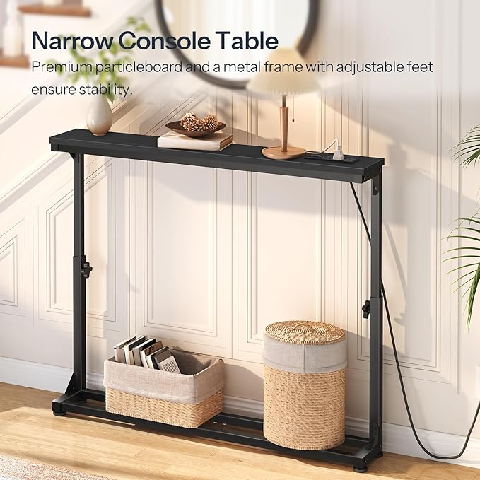 HOOBRO Narrow Console Table Set of 2 with Charging Station, Adjustable Height Sofa Table (25''-32.9''), Slim Behind Couch Table for Small Spaces, Entryway, Living Room, 78.8" Black BB95UXGP201