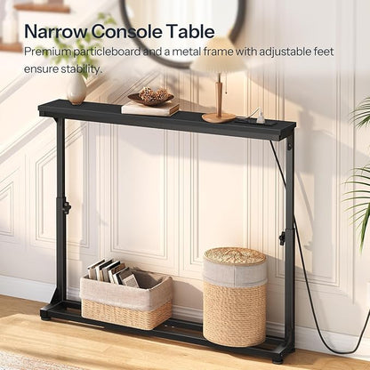 HOOBRO Narrow Console Table with Charging Station, Adjustable Height Sofa Table (25''-32.9''), Slim Behind Couch Table for Small Spaces, Entryway, Living Room, 39.4" Black BB95UXG01