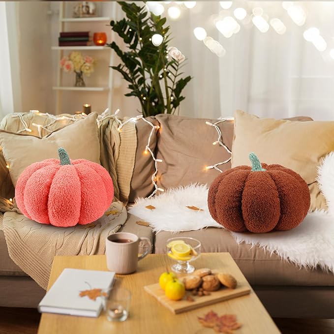 Kajaia 2 Pcs Simulated Pumpkin Plush Pillow 11 x 9.5 Inch 3D Cushion Fall Decorations Stuffed Throw Pillows Toy for Fall Halloween Thanksgiving Bedroom Sofa Couch Supplies (Orange,Brown)
