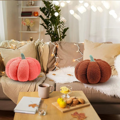 Kajaia 2 Pcs Simulated Pumpkin Plush Pillow 11 x 9.5 Inch 3D Cushion Fall Decorations Stuffed Throw Pillows Toy for Fall Halloween Thanksgiving Bedroom Sofa Couch Supplies (Orange,Brown)