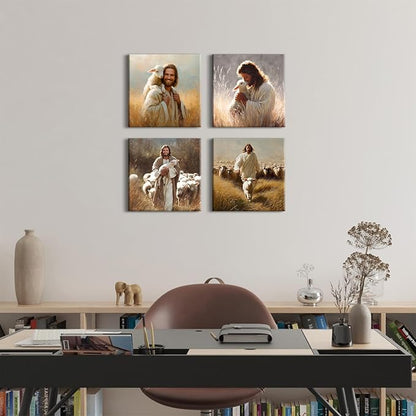Jesus and Lamb Wall Art Set of 4 Christian Wall Decor Running After Lost Lamb Pictures Canvas Prints Vintage Jesus Theme Paintings Christ The Good Shepherd Artwork Home Decorations 12x12”