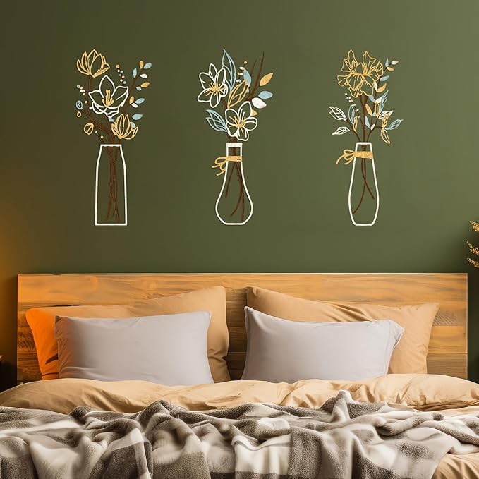 Zzbakress 3 Pcs Metal Flowers Wall Arts Rustic Farmhouse Decor Bathroom Wall Decor Metal Wall Decor for Living-room Dining-Room Kitchen Minimalist Decor Housewarming Gifts (Beige Gold)