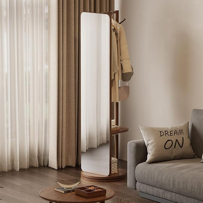 WoodsWhisper Full Length Mirror Coat Rack Solid Wood Floor Mirror 66"x12" Full Length Mirror with Stand Long Mirrors for Bedroom,Living Room (Deep Walnut, 70" L x 16" W)