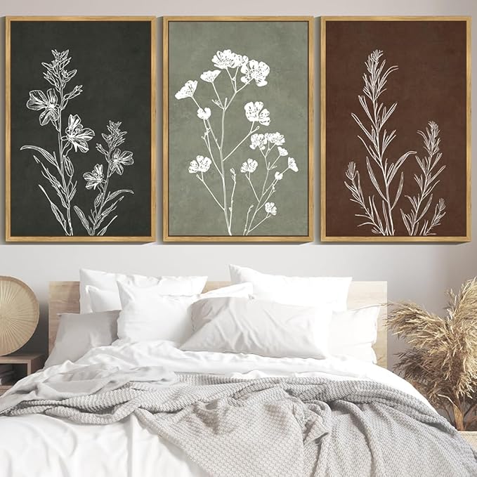 Drsoum Vintage Botanical Flower Boho Framed Wall Art Retro Floral Prints Wildflower Bohemain Neutral Rustic Artwork Kitchen Bedroom Ready to Hang 24x36in Natural Framed