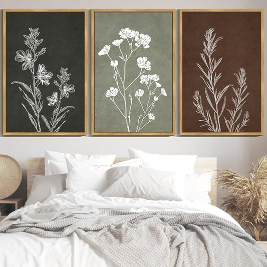 Drsoum Vintage Botanical Flower Boho Framed Wall Art Retro Floral Prints Wildflower Bohemain Neutral Rustic Artwork Kitchen Bedroom Ready to Hang 24x36in Natural Framed