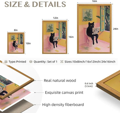 Cyebmo Funny Bathroom Wall Art, Cute Black Cat Sitting on Toilet Reading Newspaper Wall Decor, Whimsical Pink Abstract Animal Canvas Artwork for Bathroom Kid's Restroom Bedroom Wood Framed 8x10 Inch