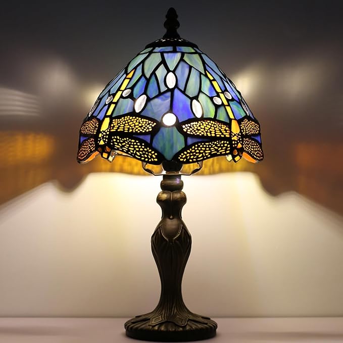 Tiffany Style Lamp Stained Glass Table Lamp 8 x 14.5 Mini Accent Light Blue Dragonfly Design Small Decorative Bedside Reading Memory Lamp