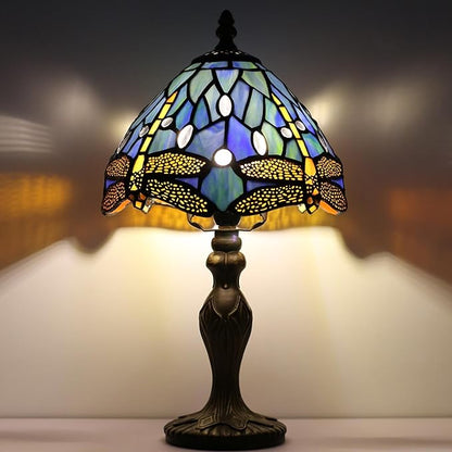Tiffany Style Lamp Stained Glass Table Lamp 8 x 14.5 Mini Accent Light Blue Dragonfly Design Small Decorative Bedside Reading Memory Lamp