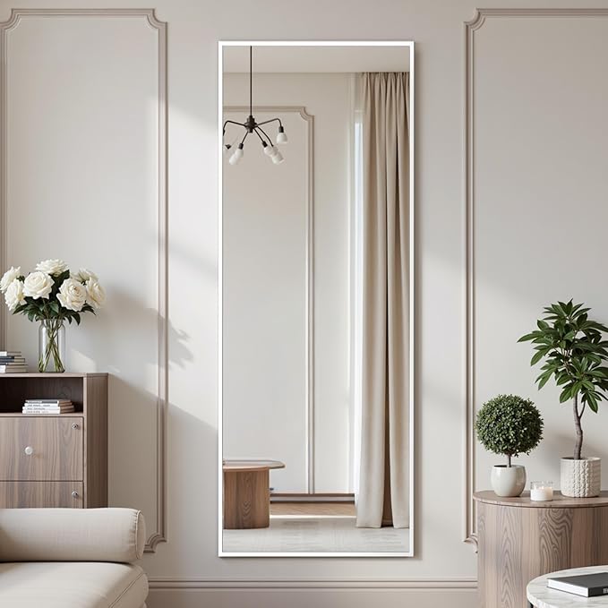 Suidia Full Length Mirror Over the Door&Wall Mounted, 48"x14" Door Mirror with Aluminum Alloy Frame, HD Shatterproof, No-Drill, Hanging Mirrors for Bedroom, Bathroom, Dorm, Closet, Rect, White