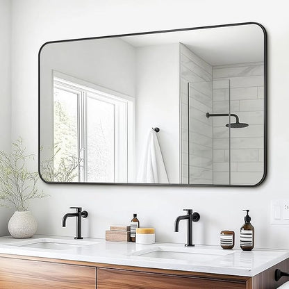 Antok 50x30 Black Metal Framed Bathroom Mirror, Wall Mirror with Round Corners, Vanity Mirror for Over Sink, Anti-Rust Tempered Glass, Horizontal/Vertical Hanging for Bathroom, Living Room, Entryway