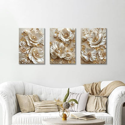 3 Pcs Modern Beige Gold Peony Floral Canvas Wall Art, Neutral Elegant 3d Beige Flowers Wall Painting White Blooming Floral Pictures Posters Art Print Home Decor for Bedroom Living Room Office 20"x28"x3