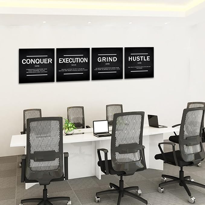 KAWAHONE Grind Hustle Execution Quotes Framed Wall Art,Success Canvas Print Office Decor Inspiring Framed Prints Inspirational Quotes for Wall Art Decoration Ready to Hang(4pcs)