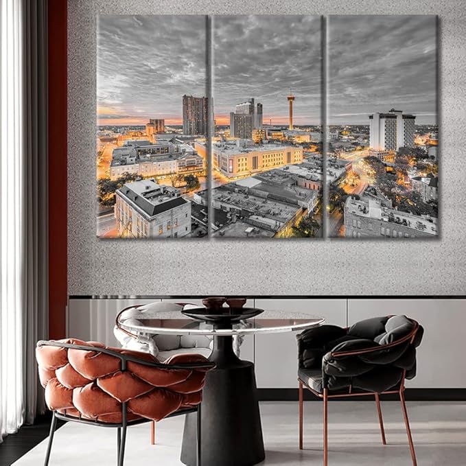 TUMOVO 3 Panels San Antonio Texas Nighttime Lightscape Modern Home Decor Beautiful City Skyline Canvas Paintings for Bedroom, Living Room, Office. Posters and Prints Framed Ready to Hang (42" Wx28 H)