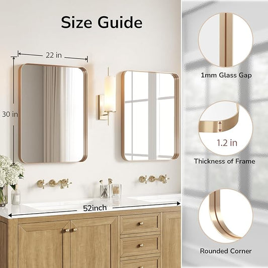 USHOWER Gold Bathroom Mirror 22"x30", Brushed Gold Rectangle Mirror for Over Sink, Aluminum Frame, Anti-Rust, Tempered Glass, Horizontal or Vertical Mounted, Champagne Gold (Neutral Gold)