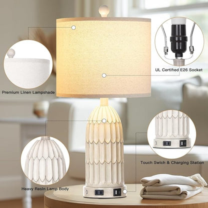 Cinkeda Farmhouse Table Lamps Set of 2, 3-Way Dimmable Touch Lamp for Bedroom Nightstand with USB A+C Ports & AC Outlet, White Vintage Boho Bedside Lamp for Living Room End Table (Bulbs Included)