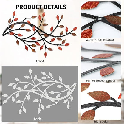 Meltset Metal Tree Leaf Wall Decor, Vine Olive Leaf Branch Wall Art, Wrought Iron Scroll Artwork, Decorative Wall Sculptures Above The Bed, Living Room, Hallway, Indoor and Outdoor（S/Red）