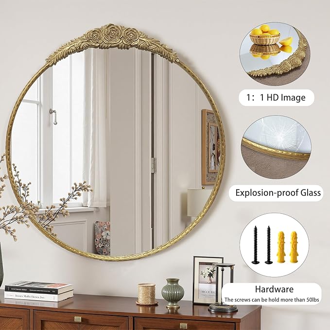 Growsun Round Wall Mirror with Vintage Gold Floral Frame – 28 Inch Decorative Wall Mirror for Living Room, Bedroom, Entryway, Bathroom Vanity – Elegant Antique Accent Home Décor