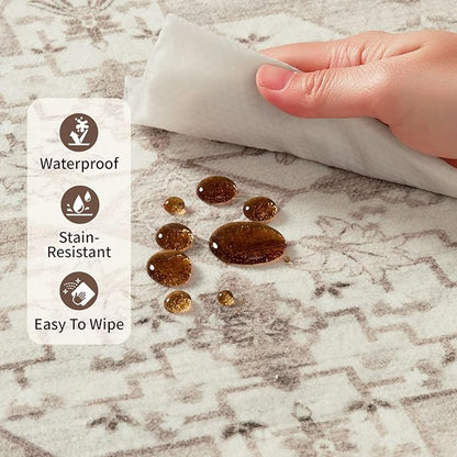 Rugxara 6x9 Washable Area Rug for Living Room, Vintage Neutral Large Boho Rugs for Office, Dining Room, Kids Room, Farmhouse, Durable Low Pile Non Slip Carpet for High Traffic Areas, Cream