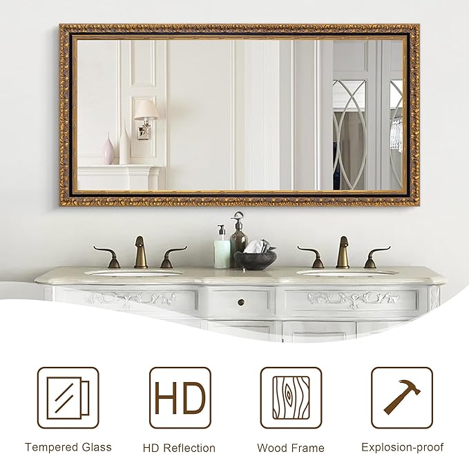 Chende Large Gold Mirror for Wall, 52''x28'' Decorative Wall Mirror with Ornate Carvings Wood Frame, Rectangle Vintage Mirror for Dining Room, Entryway, Bathroom, Living Room