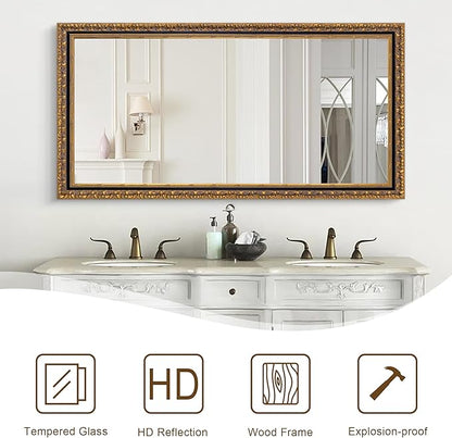 Chende Large Gold Mirror for Wall, 52''x28'' Decorative Wall Mirror with Ornate Carvings Wood Frame, Rectangle Vintage Mirror for Dining Room, Entryway, Bathroom, Living Room