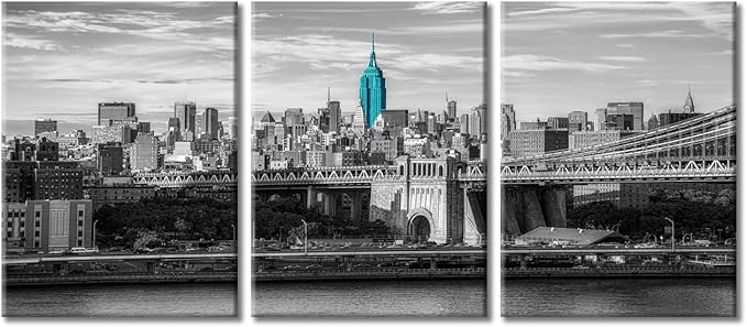 TUMOVO 3 Panels New York USA Downtown Skyline Modern Home Decor Skyscrapers City Skyline Pictures Canvas Wall Art for Bedroom, Living Room, Office. Framed Ready to Hang (36" Wx16 H)