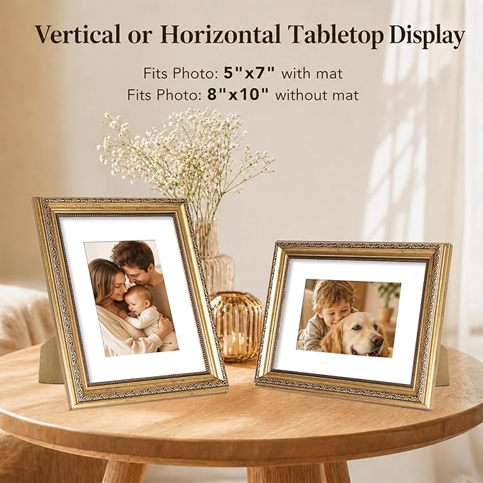 JCJMY 8x10 Vintage Picture Frame with 5x7 Mat Set of 2, Elegant Retro 8 by 10 Photo Frame with Shatter-Resistant Plexiglass for Wall or Tabletop Display, Gallery Decor & Gift, Gold, 2 Pack