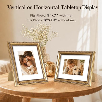 JCJMY 8x10 Vintage Picture Frame with 5x7 Mat Set of 2, Elegant Retro 8 by 10 Photo Frame with Shatter-Resistant Plexiglass for Wall or Tabletop Display, Gallery Decor & Gift, Gold, 2 Pack