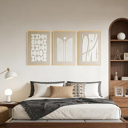Thalasse 3D Textured Abstract Wall Art for Bedroom, 3 Piece Modern Minimalist Geometric Arch Canvas Artwork, Beige White Linen Pictures with Solid Wood Frame for Office Living Room Decor, 16x24 In