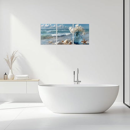 TutuBeer Beach Bathroom Canvas Wall Art Starfish with White Flower Coastal Pictures Wall Art Canvas Seascape Poster Seaside Seashell Painting Print Artwork for Living Room Bedroom 16"x24"x3 Pcs
