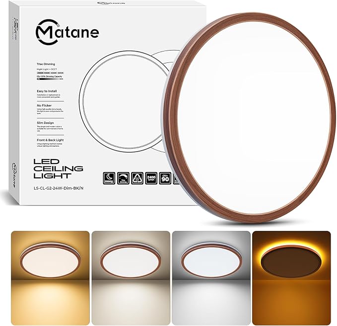 Matane 12inch LED Flush Mount Ceiling Light with Night Light, 2400LM 3000K 4000K 5000K Dimmable Light Fixture, Low Profile Ceiling Light for Bedroom, Living Room, Kitchen, Hallway, Walnut