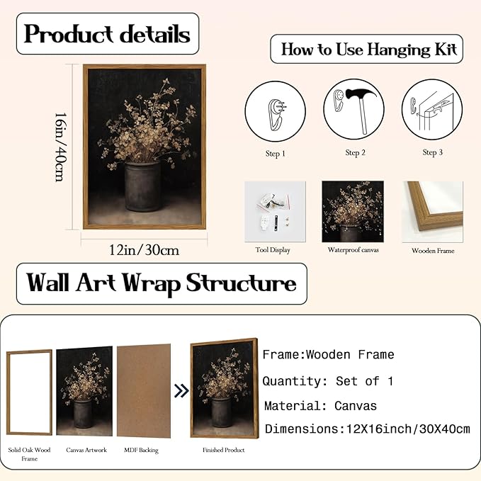 Framed Vintage Floral Wall Art, Rustic Dark Moody Flower Paintings Wall Decor, Retro Farmhouse Botanical Pictures Canvas Prints Neutral Aesthetic Home Decor for Living Room Bedroom 12x16 inch