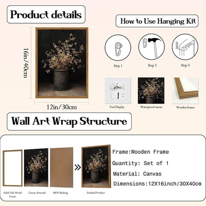 Framed Vintage Floral Wall Art, Rustic Dark Moody Flower Paintings Wall Decor, Retro Farmhouse Botanical Pictures Canvas Prints Neutral Aesthetic Home Decor for Living Room Bedroom 12x16 inch
