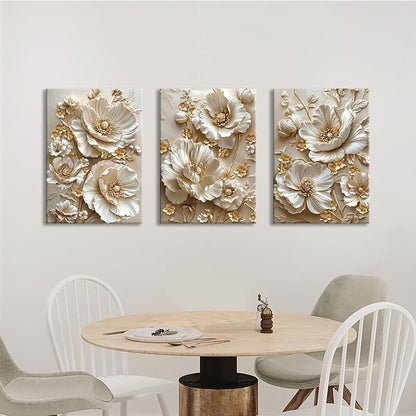 3 Pcs Modern Beige Gold Peony Floral Canvas Wall Art, Neutral Elegant 3d Beige Flowers Wall Painting White Blooming Floral Pictures Posters Art Print Home Decor for Bedroom Living Room Office 20"x28"x3